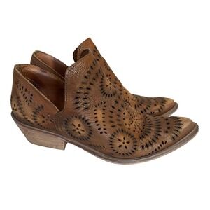 VERACRUZ Western Cutout Leather Ankle Boots Women Sz 37 US 7 Brown Block Heel